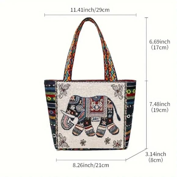 Black Elephant Embroidered Tote Bag Jacquard Fabric Boho - Picture 3 of 13